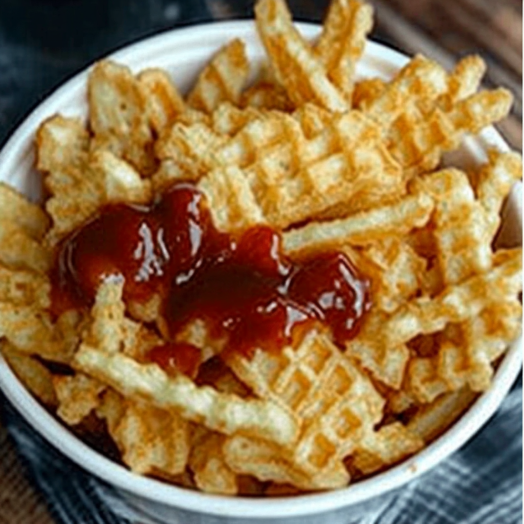 Crispy Chick-fil-A Waffle Fries Recipe (Better Than Takeout!) 1 Crispy homemade Chick-fil-A waffle fries served on a plate with dipping sauce