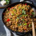 Dirty Rice with Ground Beef – Easy Cajun One-Pot Recipe 9 A skillet filled with Dirty Rice with Ground Beef, featuring seasoned rice, bell peppers, onions, and garnished with fresh green onions and cilantro.