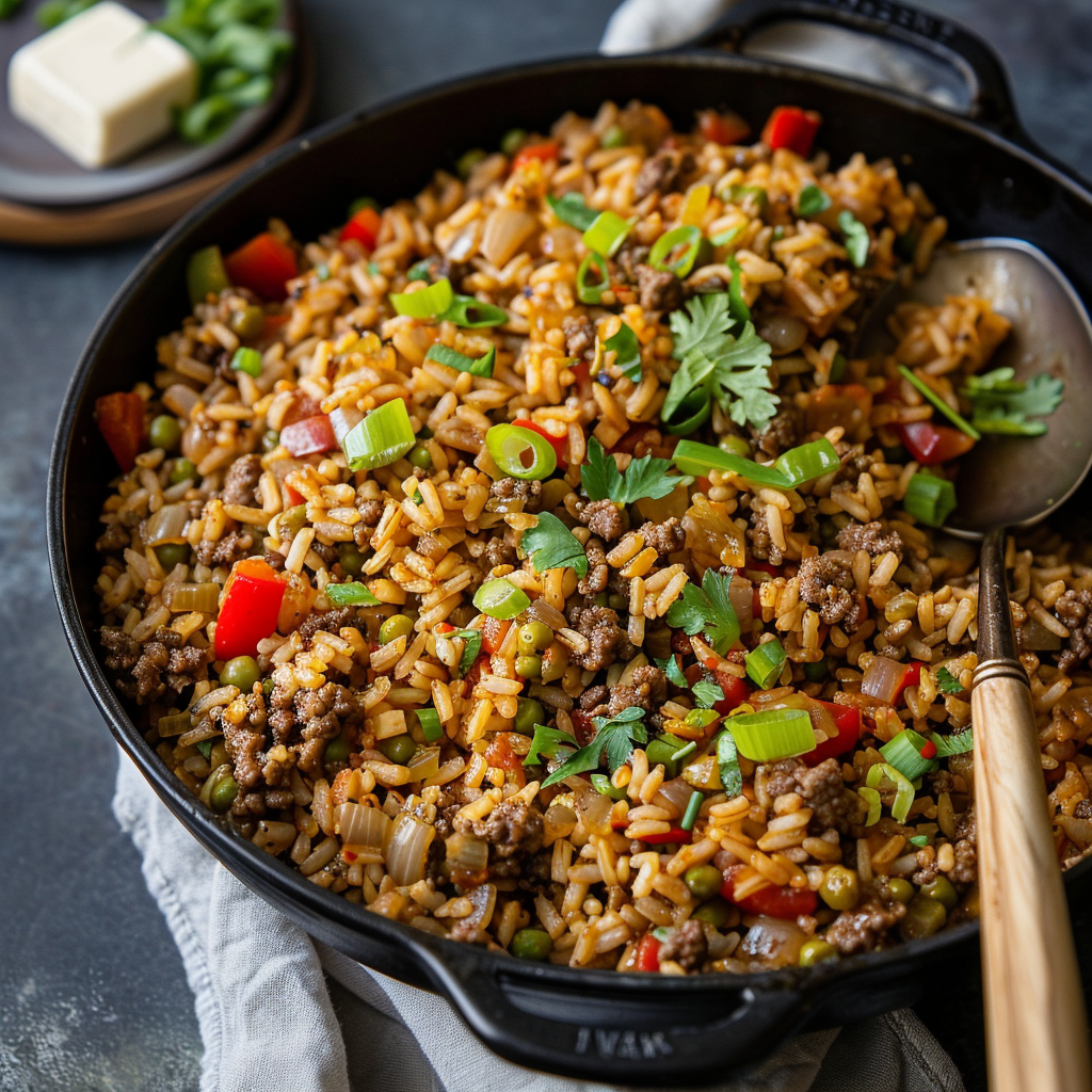A skillet filled with Dirty Rice with Ground Beef, featuring seasoned rice, bell peppers, onions, and garnished with fresh green onions and cilantro.