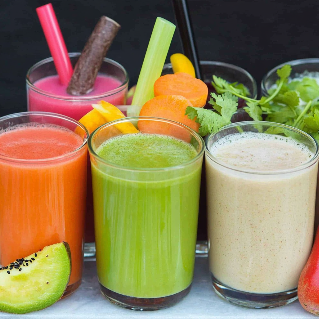 Juicing Recipes: Energy-Boosting Drinks for a Healthier You 1 Homemade beetroot and carrot juice in a jar with fresh ingredients on a kitchen counter.