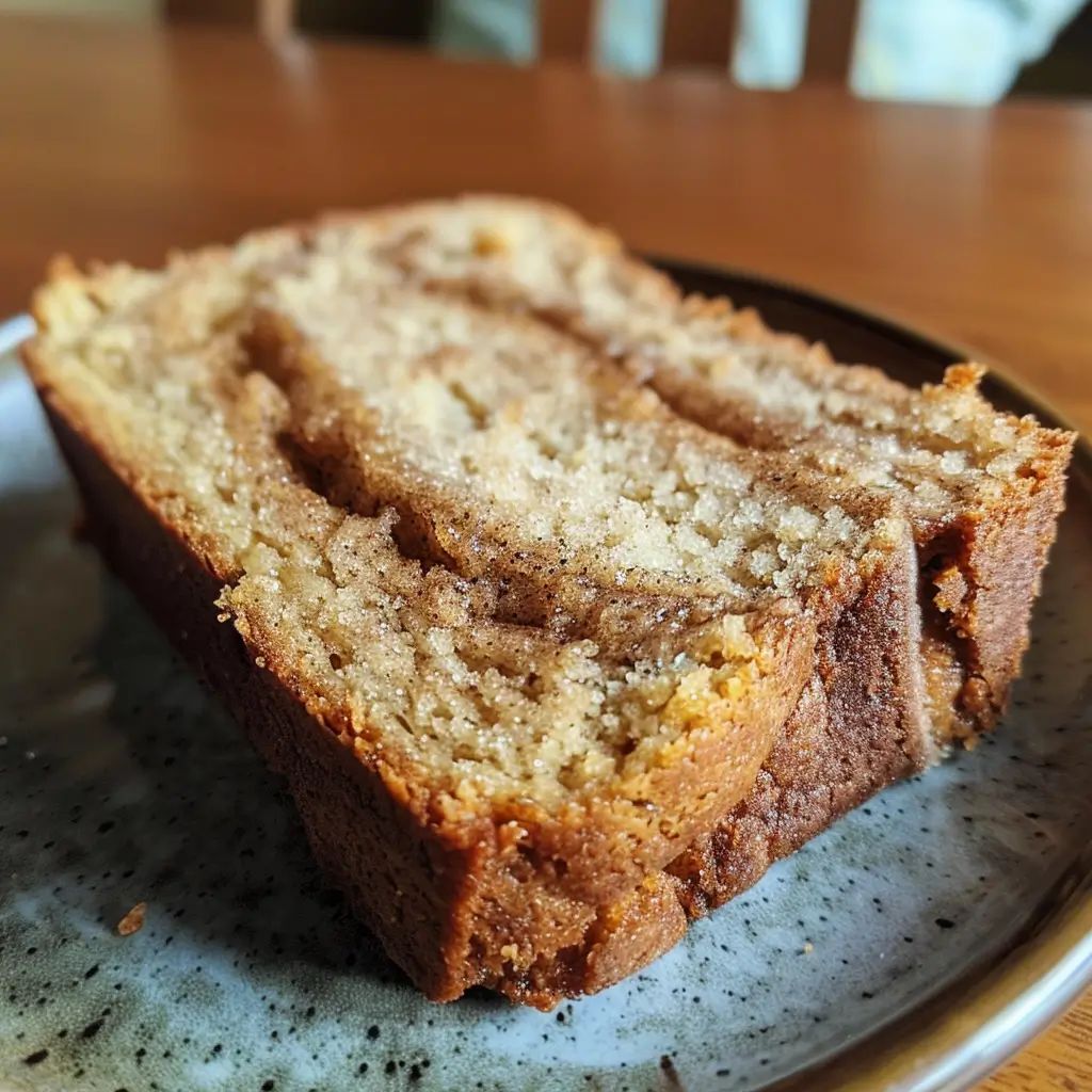 Snickerdoodle Banana Bread: 7 Tips for the Perfect Cinnamon-Sugar Loaf 4 A close-up of a moist and fluffy slice of Snickerdoodle Banana Bread with a cinnamon-sugar crust, served on a rustic ceramic plate.