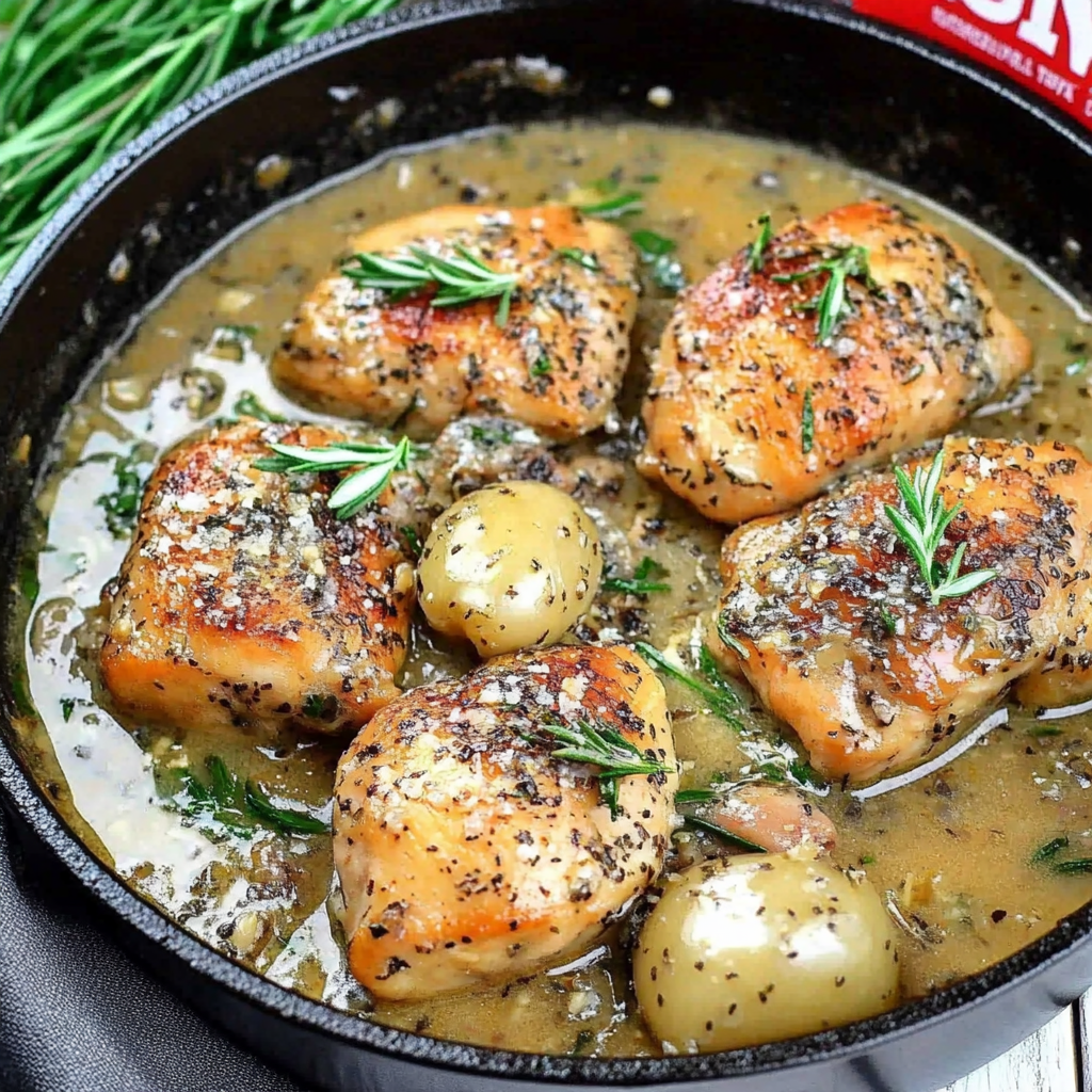Easy Chicken and Gravy Recipe – Comfort Food for Dinner 1 One-pan chicken and gravy cooking in a skillet with golden brown gravy