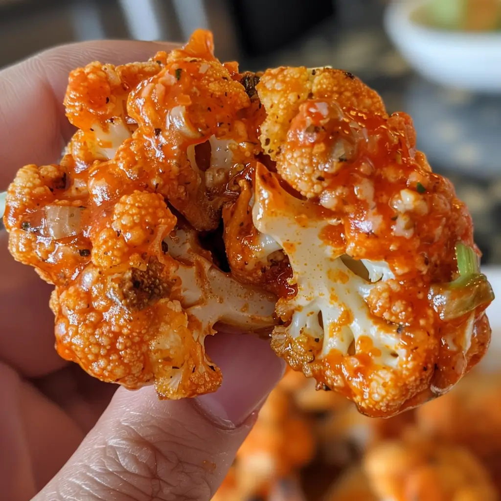 Close-up of a crispy Air Fryer Buffalo Cauliflower Bite coated in spicy buffalo sauce, held between fingers