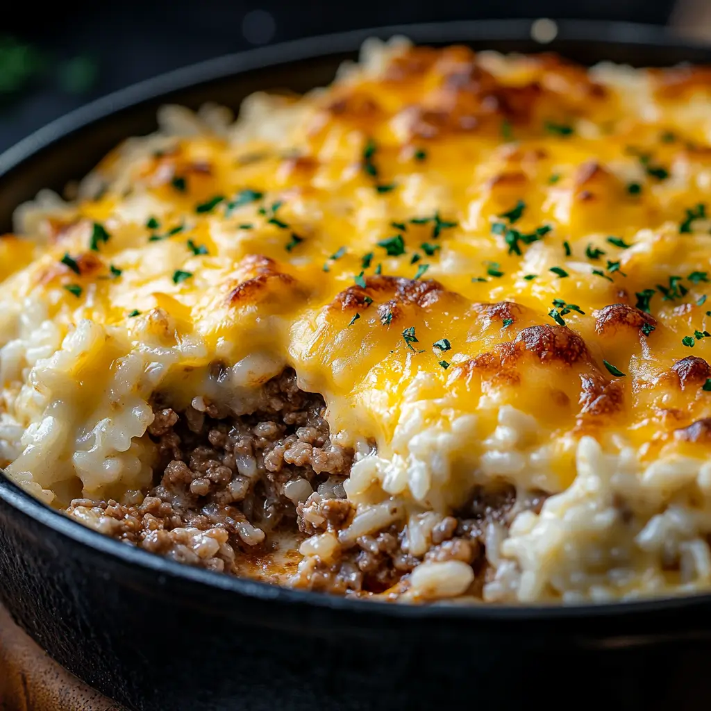 Cheesy Ground Beef Rice Casserole – 7 Steps to One-Pan Comfort! 1 Close-up of cheesy ground beef rice casserole in a black skillet, topped with melted cheddar cheese and garnished with fresh parsley.
