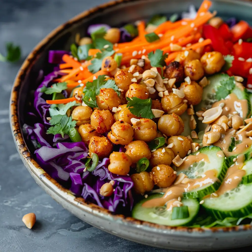 Crunchy Thai Chickpea Salad with roasted chickpeas, red cabbage, carrots, cucumber, and creamy peanut dressing in a ceramic bowl