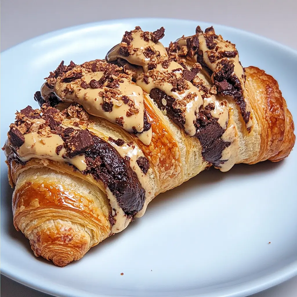 Crookie (Cookie Croissant): Best Viral Recipe & Where to Try It 9 Crookie (Cookie Croissant) filled with chocolate fudge and topped with peanut butter drizzle