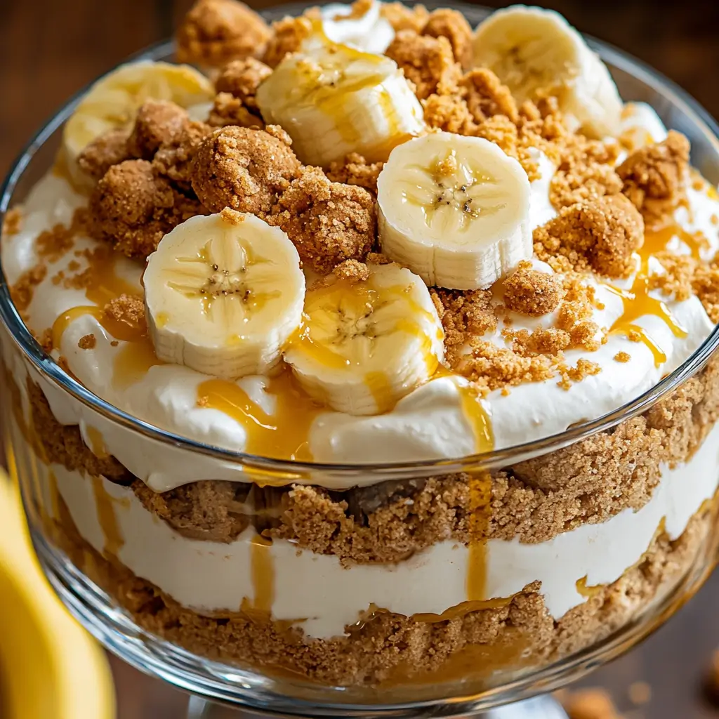 biscoff banana pudding in trifle bowl with layered bananas and cookie butter