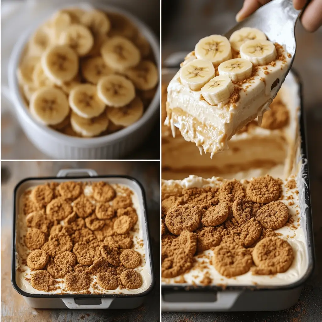 Biscoff Banana Pudding – The Best Creamy Dessert Twist You’ll Love 9 Assembling a banana dessert with Biscoff cookies and pudding in a baking dish