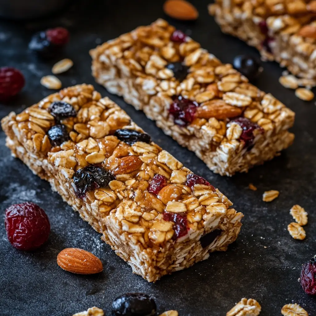 5-Ingredient Granola Bars No-Bake – 1 Easy Recipe You’ll Love 6 5-Ingredient Granola Bars No-Bake with almonds and dried berries on black surface