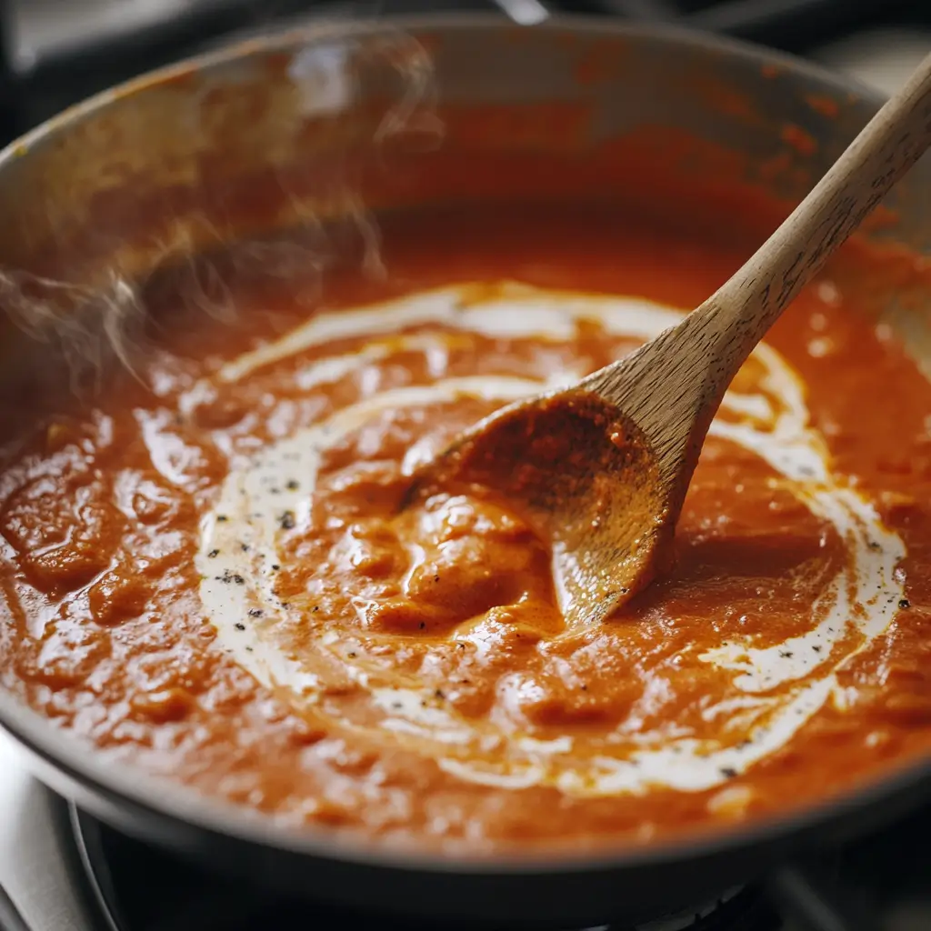5-Ingredient Keto Butter Chicken – Amazing 20-Minute Low-Carb Meal 10 Cream being stirred into butter chicken tomato sauce