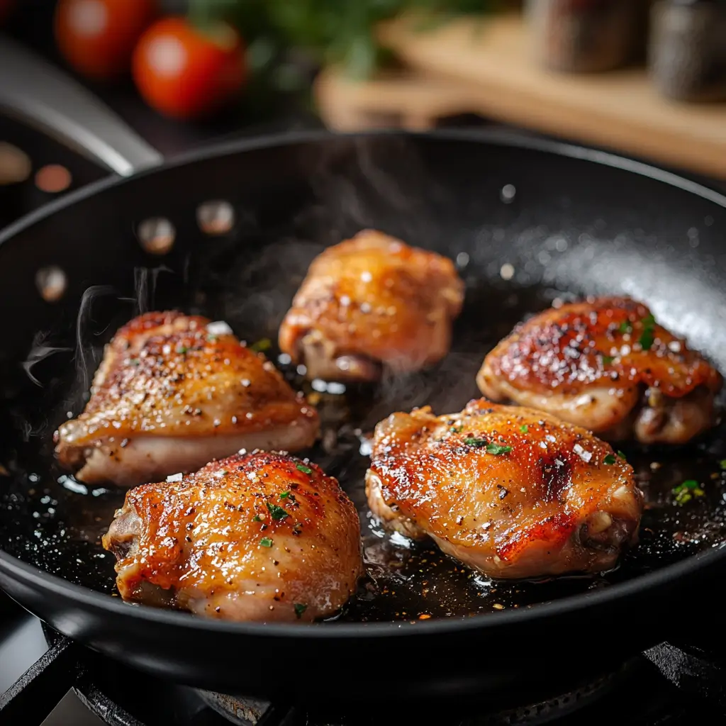 5-Ingredient Keto Butter Chicken – Amazing 20-Minute Low-Carb Meal 9 Chicken thighs searing in a skillet for keto butter chicken