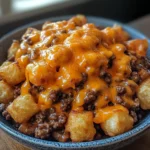 5-Ingredient Tater Tot Casserole – Ultimate Easy Dinner (Cheesy!) 7 served portion of 5-ingredient tater tot casserole with melted cheddar and crispy tots in bowl