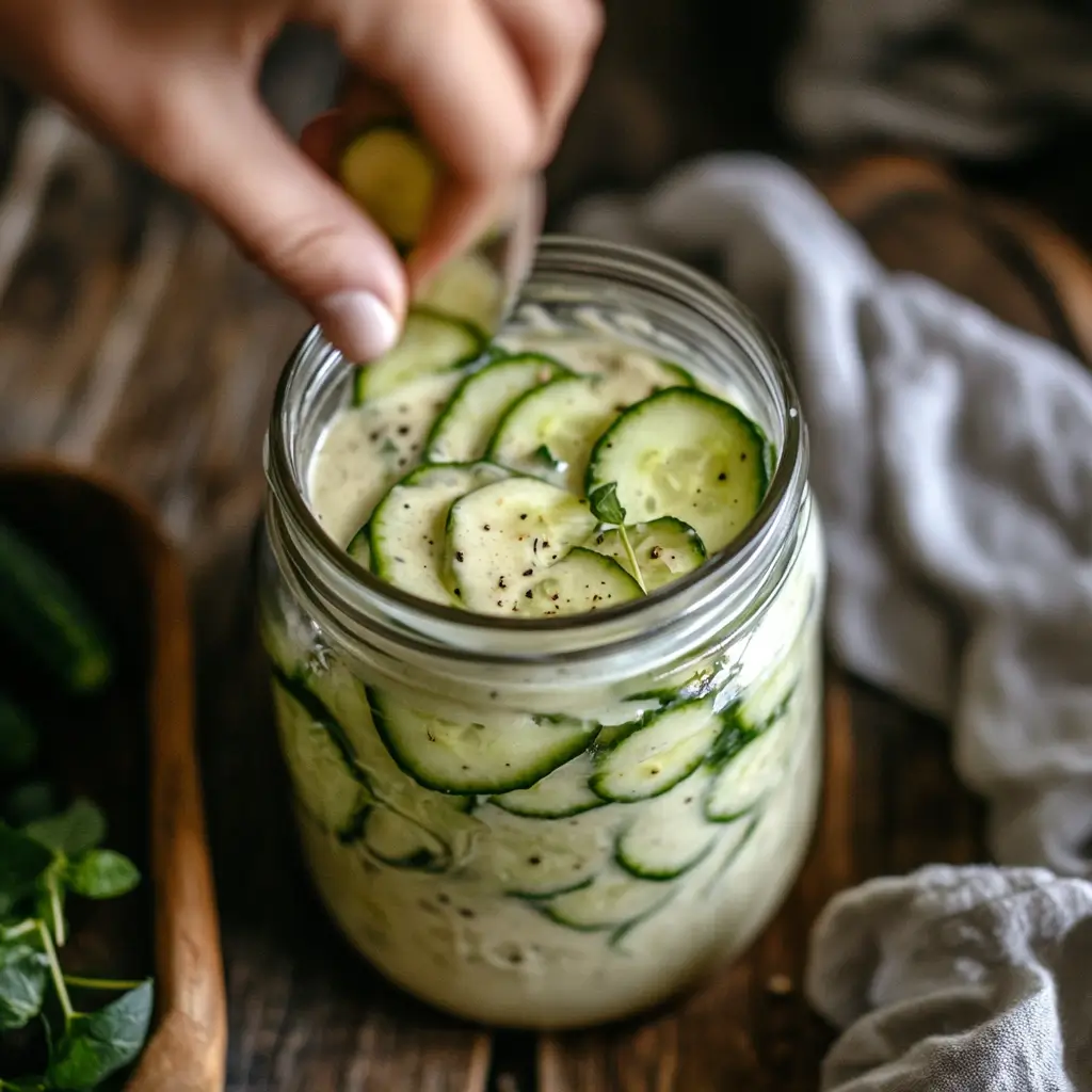 5-Ingredient Viral Cucumber Salad – Delicious Summer Hit 7 Overhead shot of 5-Ingredient Viral Cucumber Salad in a mason jar with creamy dressing
