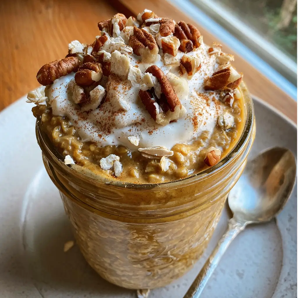 Pumpkin Overnight Oats – 5-Min Fall Breakfast You’ll Love 6 Creamy pumpkin overnight oats in a mason jar with whipped cream, pecans, and oats on top