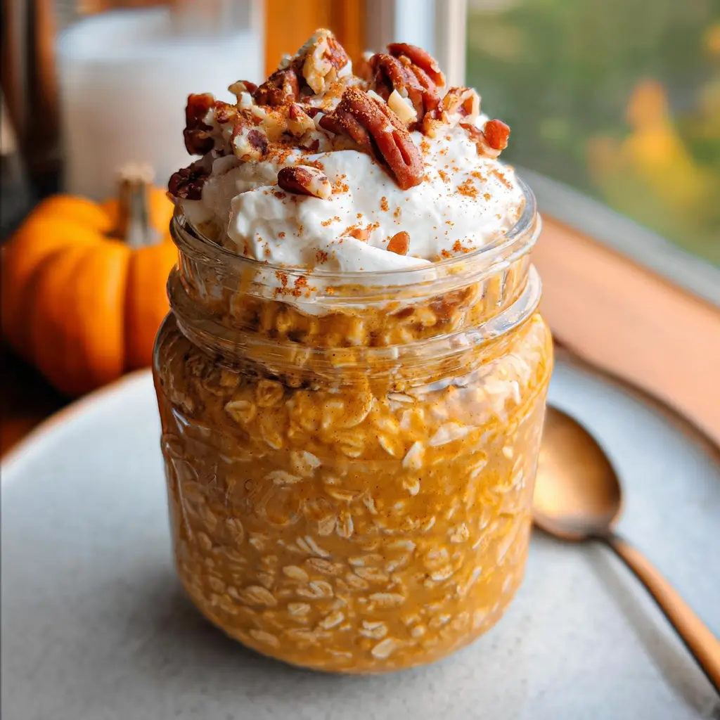 Pumpkin Overnight Oats – 5-Min Fall Breakfast You’ll Love 9 Pumpkin overnight oats in a jar topped with whipped cream and pecans near a window