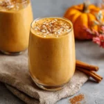 Pumpkin Smoothie Recipe – 3-Minute Creamy Delight You’ll Love 7 Pumpkin smoothie in short glass with cinnamon and sugar topping, fall decor in background