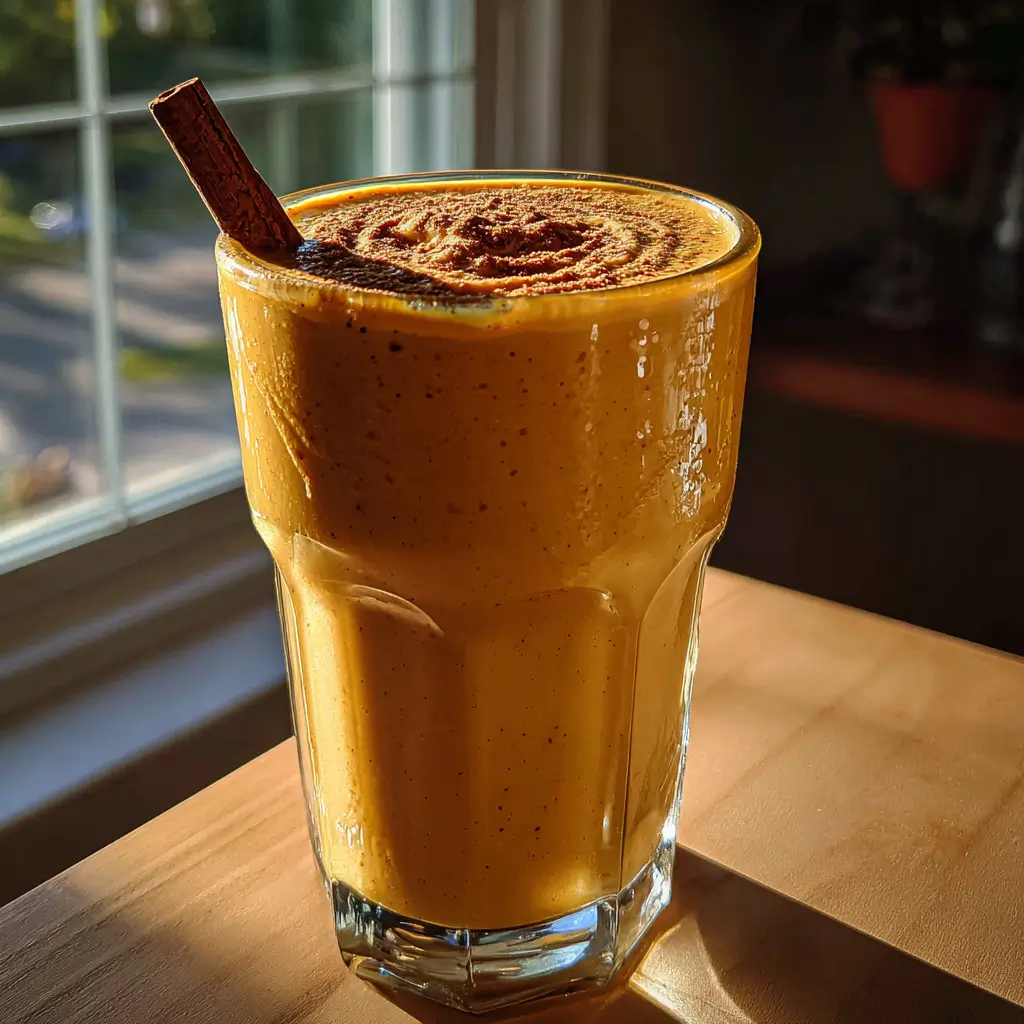 Pumpkin Smoothie Recipe – 3-Minute Creamy Delight You’ll Love 8 Pumpkin smoothie in a tall glass with cinnamon stick, sunlight through window