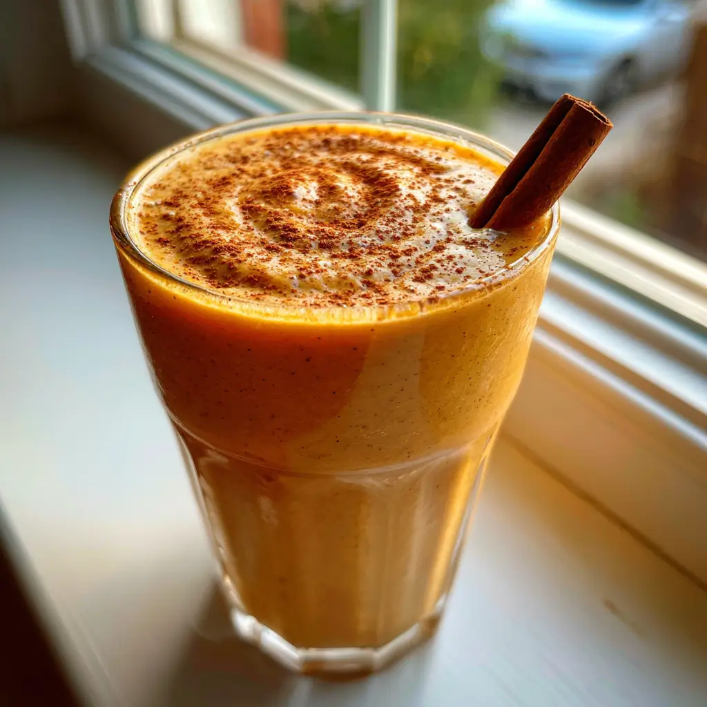 Pumpkin Smoothie Recipe – 3-Minute Creamy Delight You’ll Love 6 Pumpkin smoothie in a tall glass with cinnamon dusting and stick by a window