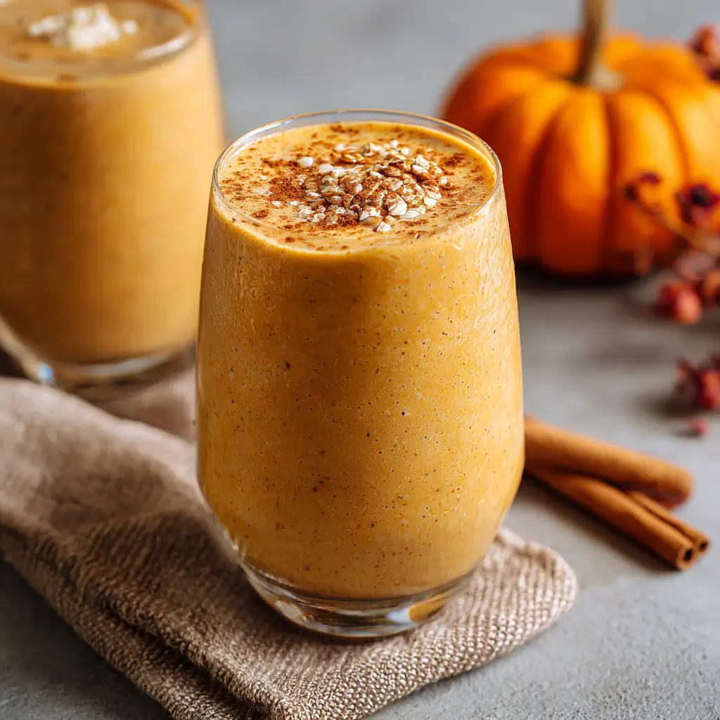 Pumpkin Smoothie Recipe – 3-Minute Creamy Delight You’ll Love 9 Pumpkin smoothie in clear glass topped with oats and cinnamon, fall background
