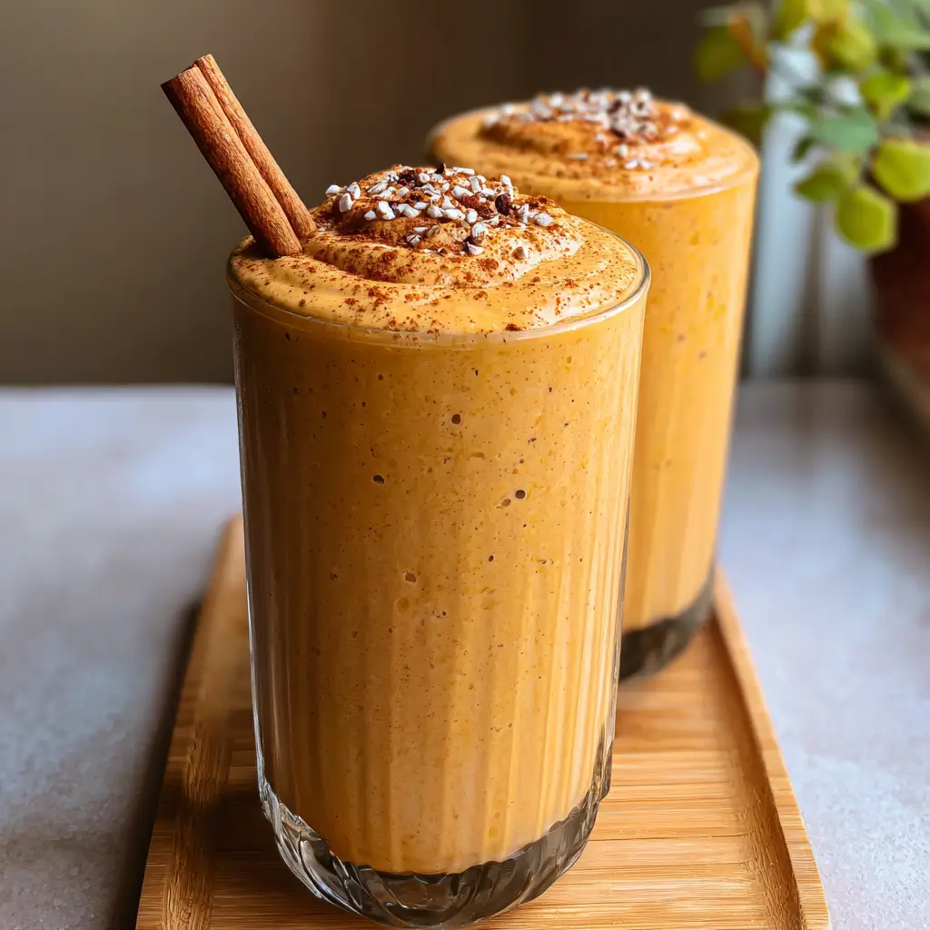 Pumpkin Smoothie Recipe – 3-Minute Creamy Delight You’ll Love 5 Pumpkin smoothie in glass topped with cinnamon and spice on a wooden tray