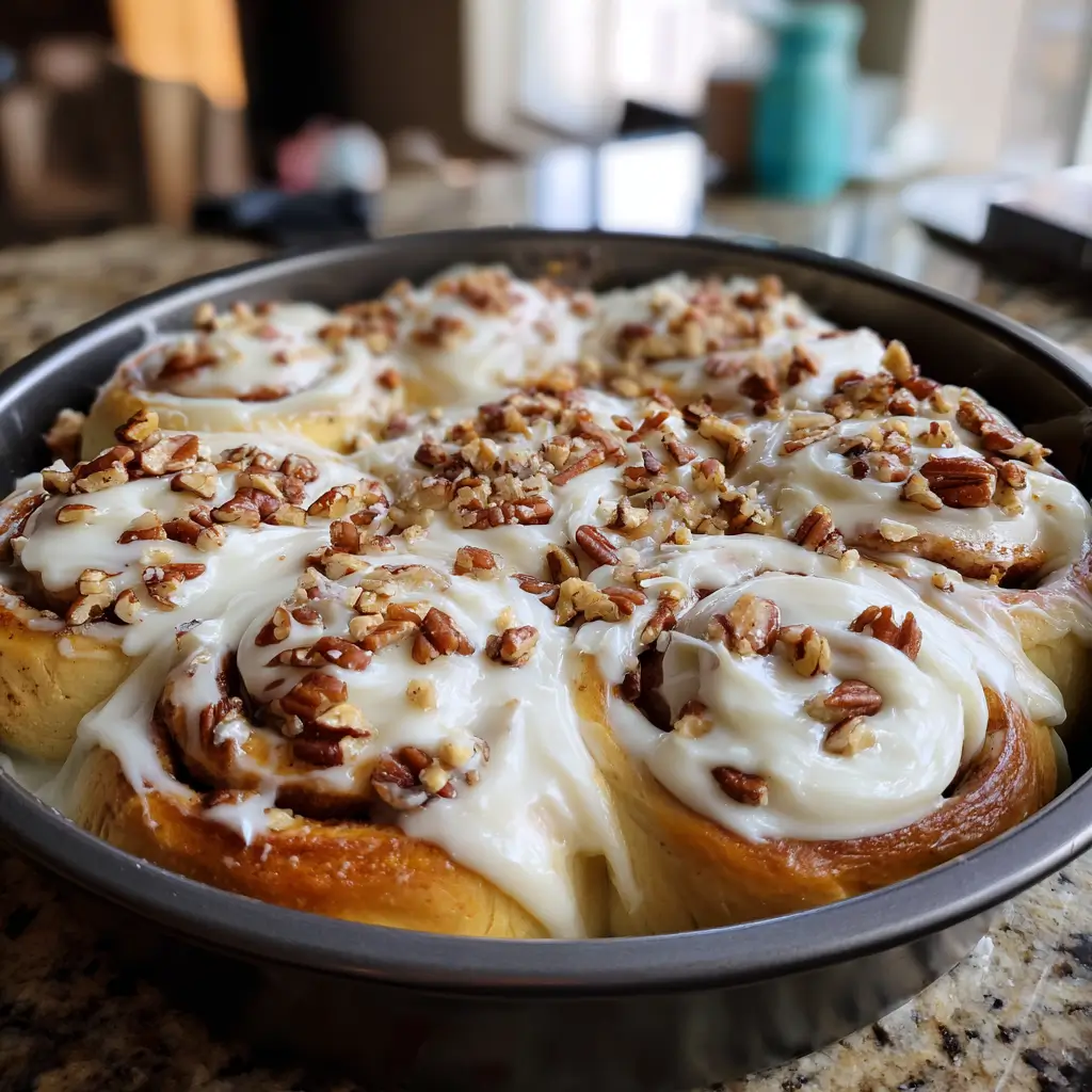 Pumpkin Spice Cinnamon Rolls: 7 Sweet Secrets for Fall 8 Baked pumpkin spice cinnamon rolls with cream cheese frosting and pecans in a round pan