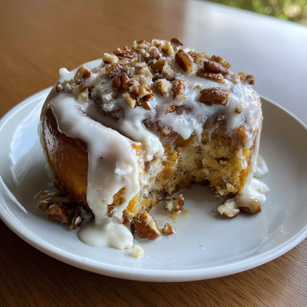 Pumpkin Spice Cinnamon Rolls: 7 Sweet Secrets for Fall 6 Pumpkin spice cinnamon roll with cream cheese frosting and chopped pecans, partially eaten on white plate