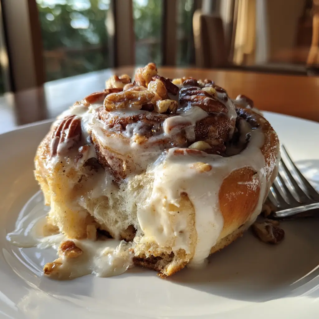 Pumpkin Spice Cinnamon Rolls: 7 Sweet Secrets for Fall 9 Pumpkin spice cinnamon roll with cream cheese frosting and pecans on a white plate with fork