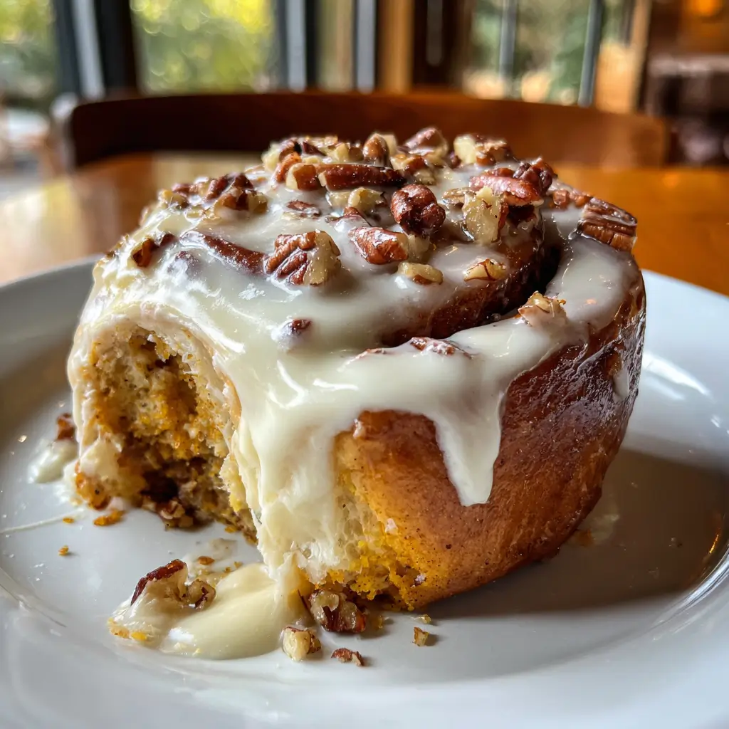 Pumpkin spice cinnamon roll with cream cheese frosting and pecans