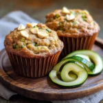 Air Fryer Protein Zucchini Muffins – Easy 4-Step Recipe Moist & Delicious 7 Air fryer protein zucchini muffin with peanuts and fresh zucchini ribbons on a wooden plate