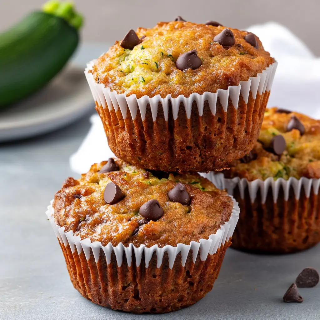 Air Fryer Protein Zucchini Muffins – Easy 4-Step Recipe Moist & Delicious 6 Stacked air fryer protein zucchini muffins with chocolate chips and fresh zucchini in background
