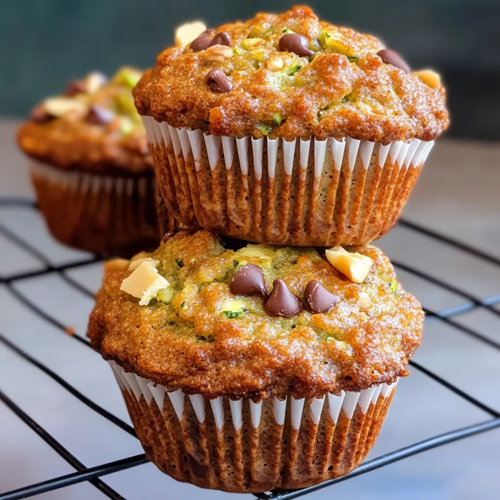 Air fryer protein zucchini muffins stacked on cooling rack with chocolate chips and nuts