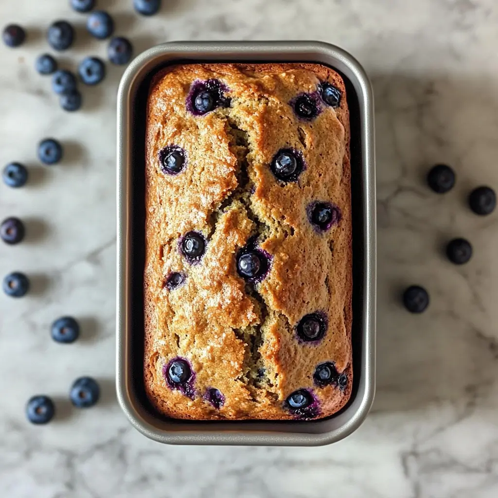 Blueberry Zucchini Bread Recipe – Moist & Irresistible 8 Whole loaf of blueberry zucchini bread in a baking pan with fresh blueberries on top