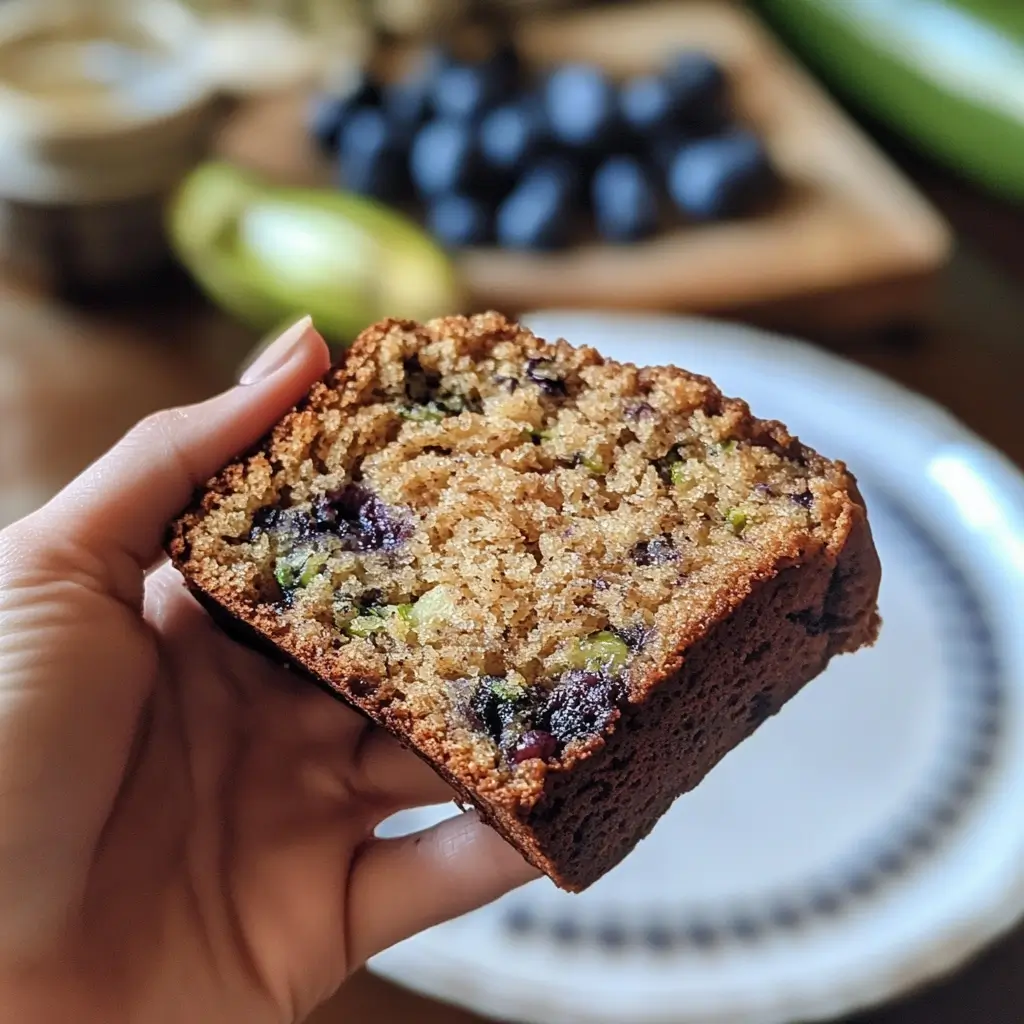 Blueberry Zucchini Bread Recipe – Moist & Irresistible 6 Hand holding a slice of moist blueberry zucchini bread with visible blueberries and zucchini