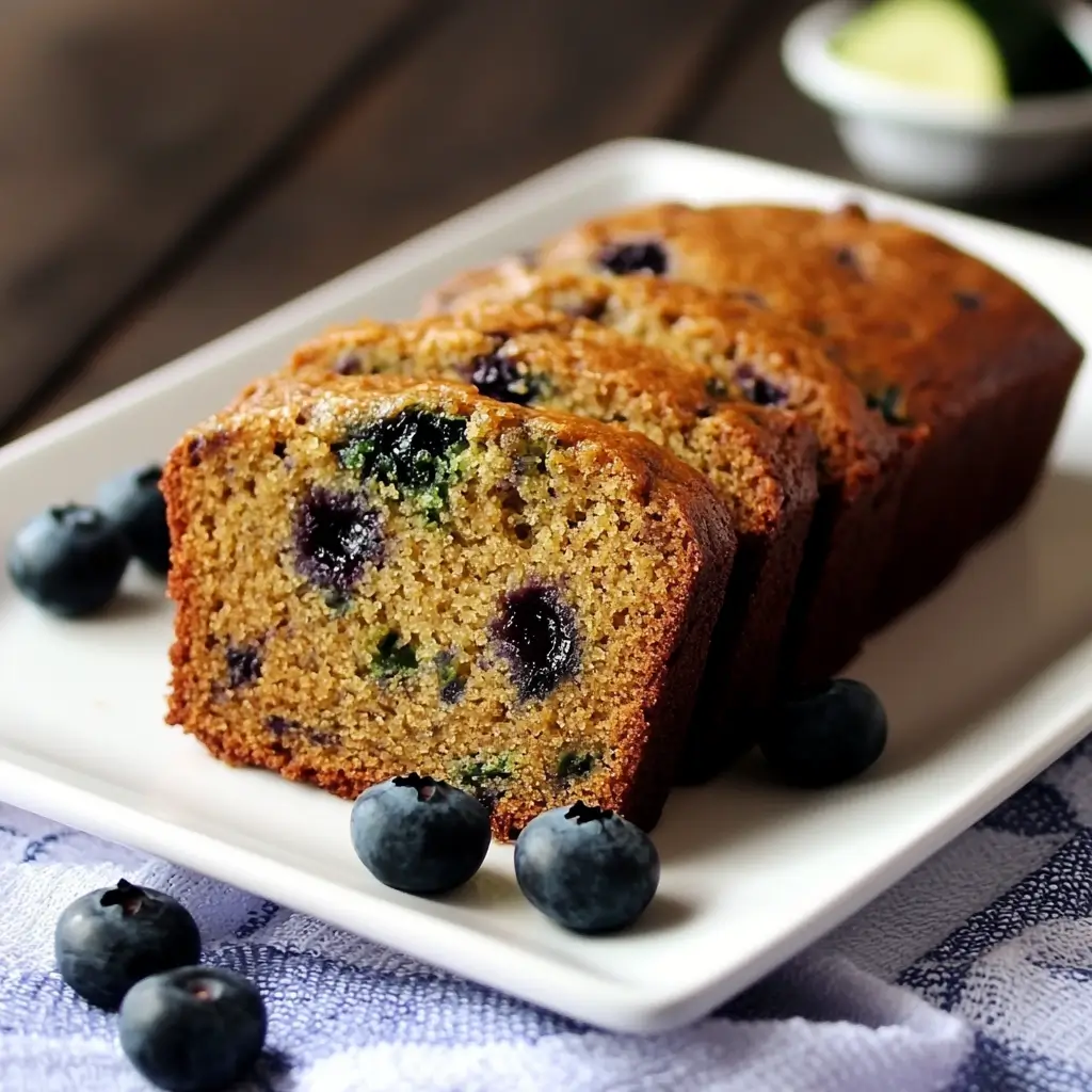 Sliced blueberry zucchini bread with visible blueberries and zucchini flecks on a white plate