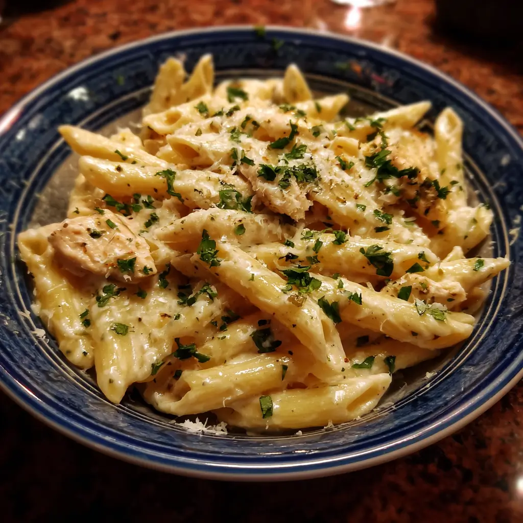 Creamy Chicken Garlic Parmesan Pasta That Melts in Your Mouth 7 Creamy Chicken Garlic Parmesan Pasta with penne and chopped herbs in a blue bowl