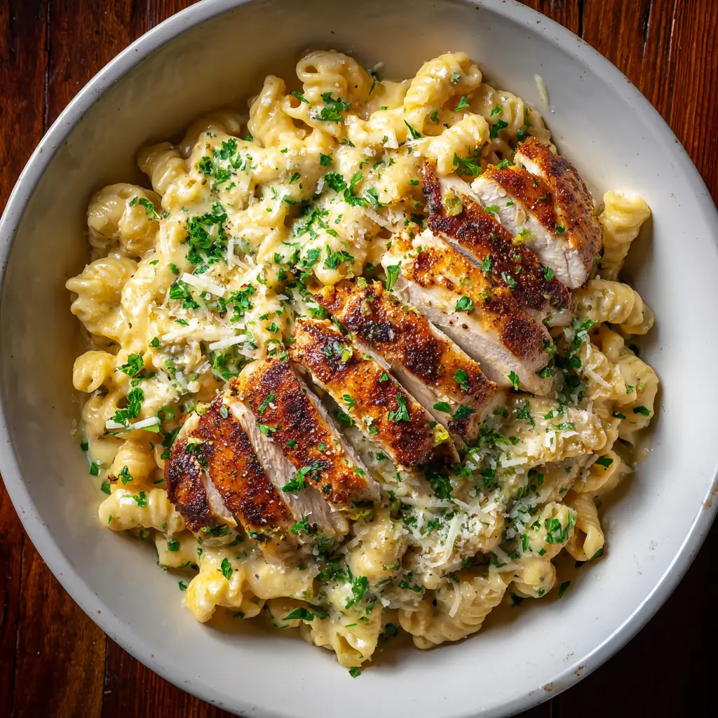 Creamy Chicken Garlic Parmesan Pasta topped with sliced seared chicken breast and fresh parsley