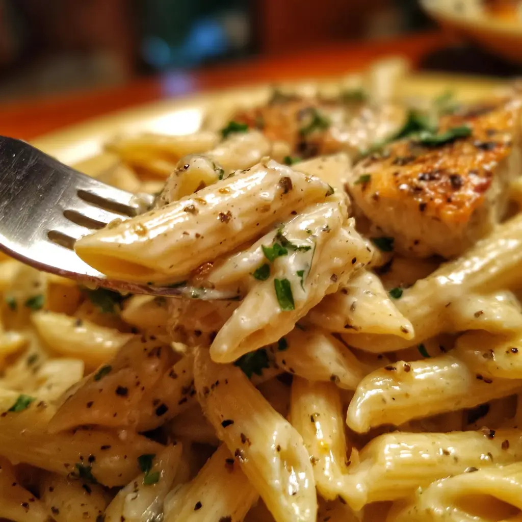 Creamy Chicken Garlic Parmesan Pasta That Melts in Your Mouth 10 Creamy garlic Parmesan penne pasta with chicken and herbs on a fork