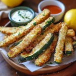 Crispy Zucchini Fries Recipe – 7 Easy Tips for Perfect Crunch 7 Crispy zucchini fries with dipping sauces on parchment-lined plate