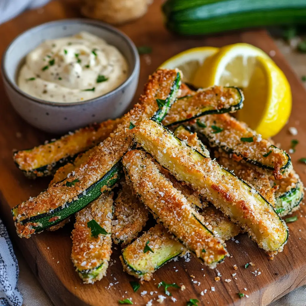 Crispy Zucchini Fries Recipe – 7 Easy Tips for Perfect Crunch 6 Crispy zucchini fries with lemon and creamy dipping sauce on wooden board
