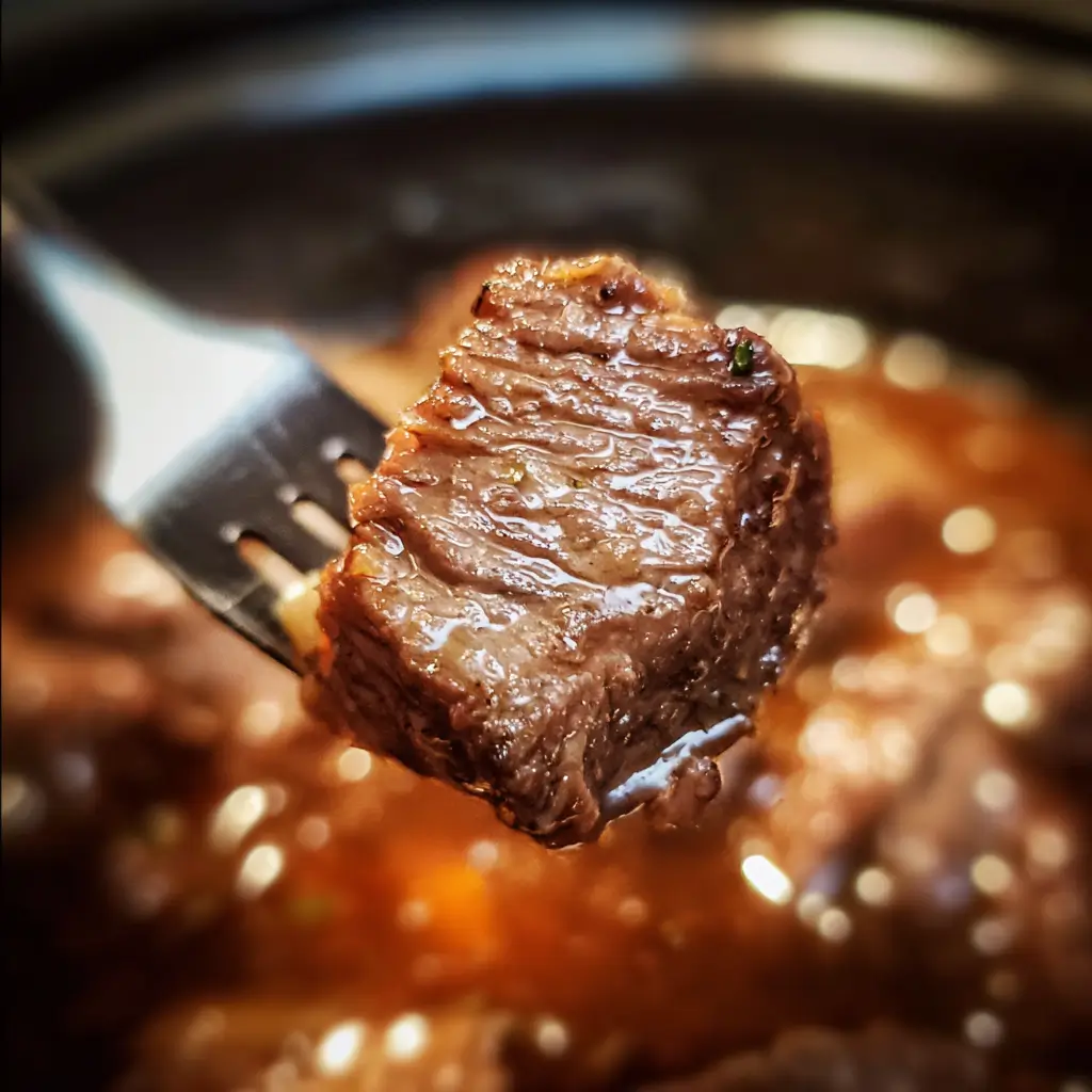 Crockpot Garlic Butter Steak Bites Recipe That Melts in Your Mouth 7 Close-up of garlic butter steak bite on fork