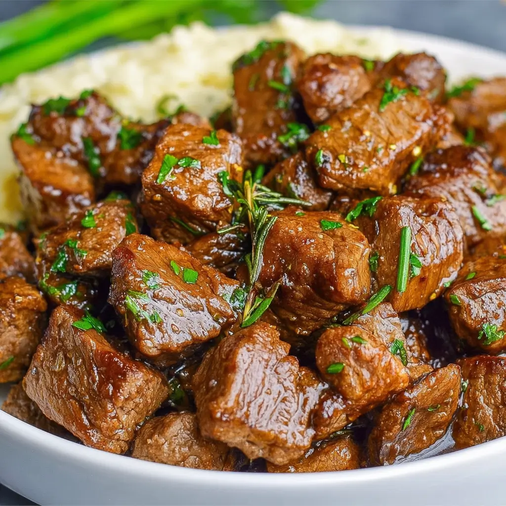 Crockpot Garlic Butter Steak Bites Recipe That Melts in Your Mouth 5 Crockpot garlic butter steak bites served with mashed potatoes