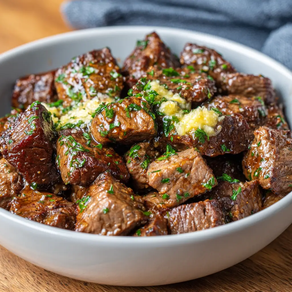 Crockpot Garlic Butter Steak Bites Recipe That Melts in Your Mouth 4 Crockpot garlic butter steak bites in a white bowl