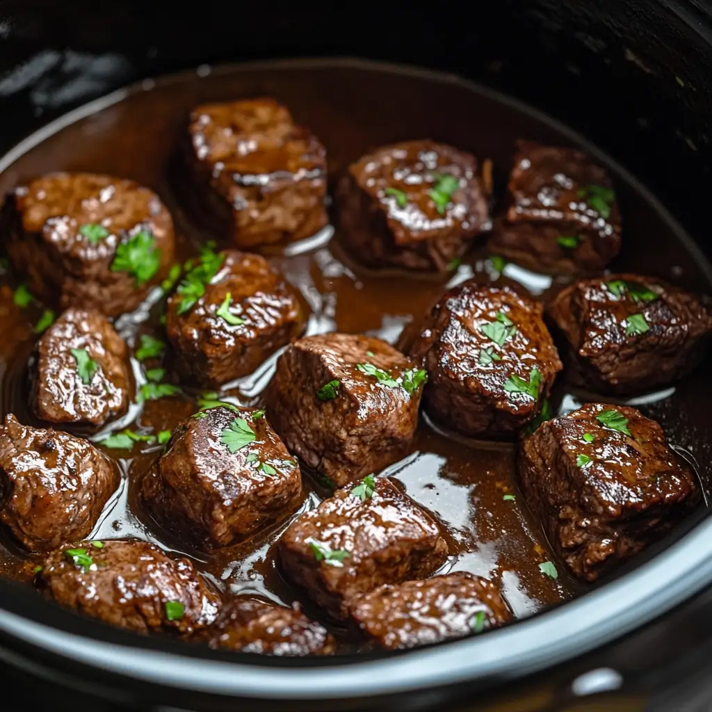 5-Ingredient Crockpot Steak Bites – Amazing Flavor in 5 Steps 12 Slow-cooked steak bites in gravy in crockpot
