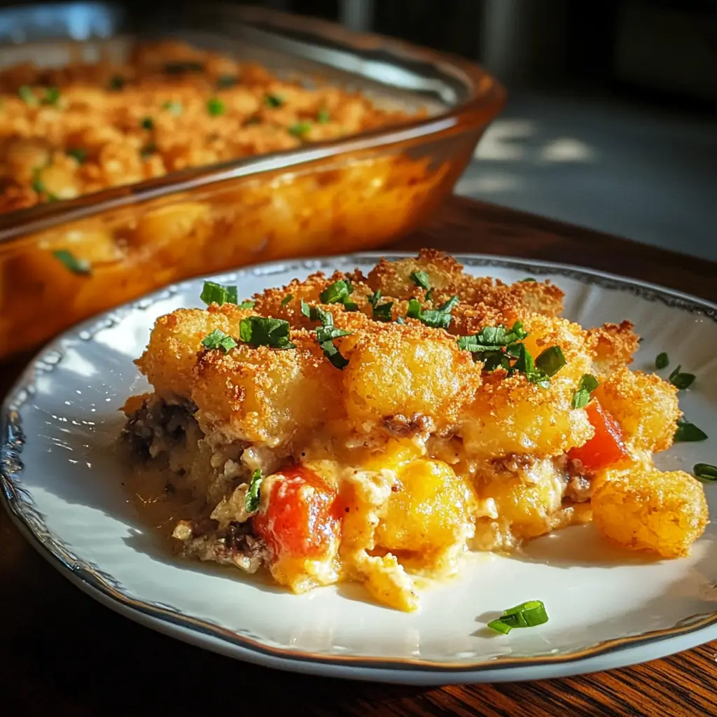 5-Ingredient Tater Tot Casserole – Ultimate Easy Dinner (Cheesy!) 9 serving cheesy tater tot casserole scoop