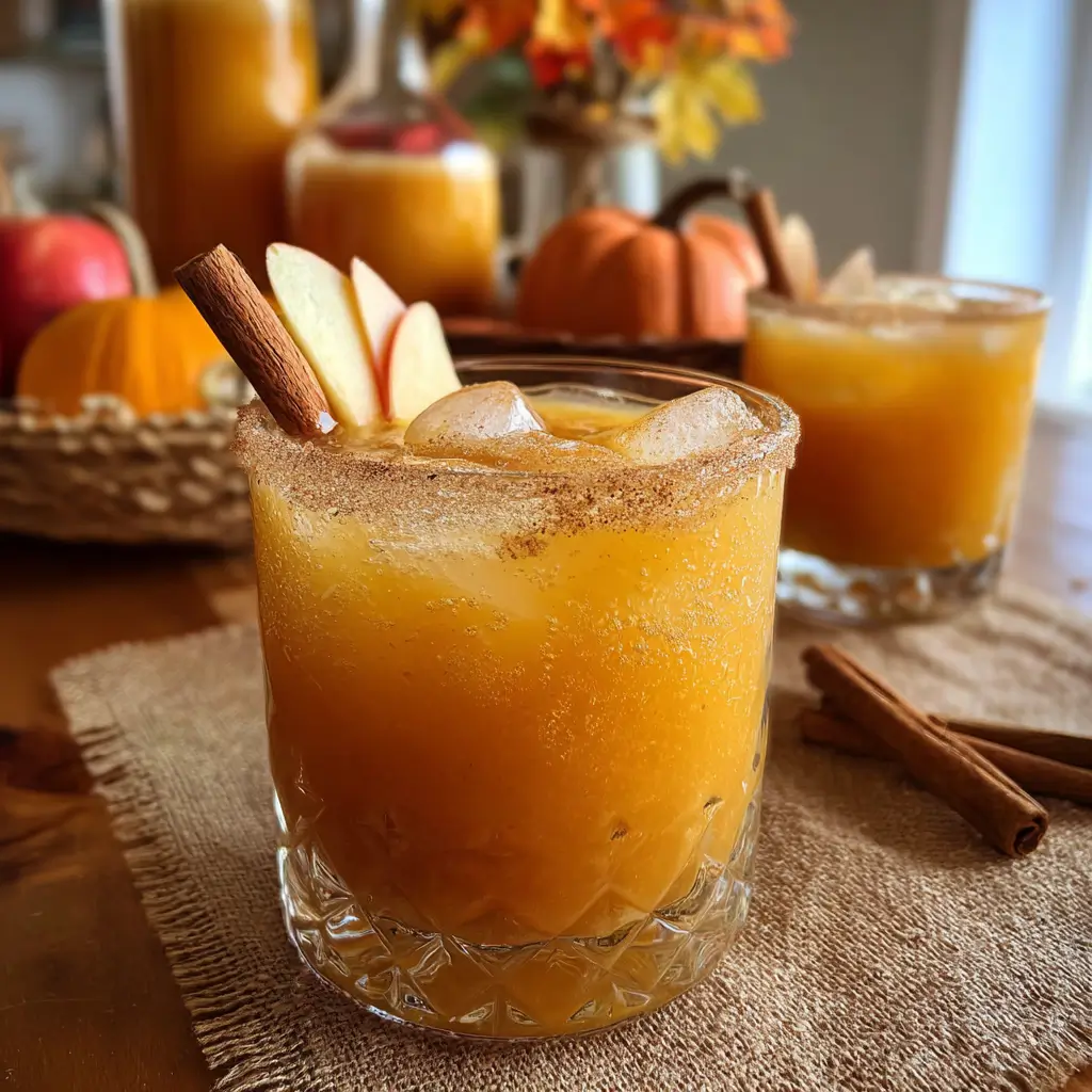 Frozen Pumpkin Juice: Sweet 5-Minute Healthy Fall Drink 5 Icy glass of frozen pumpkin juice with apple slices and cinnamon stick on burlap mat