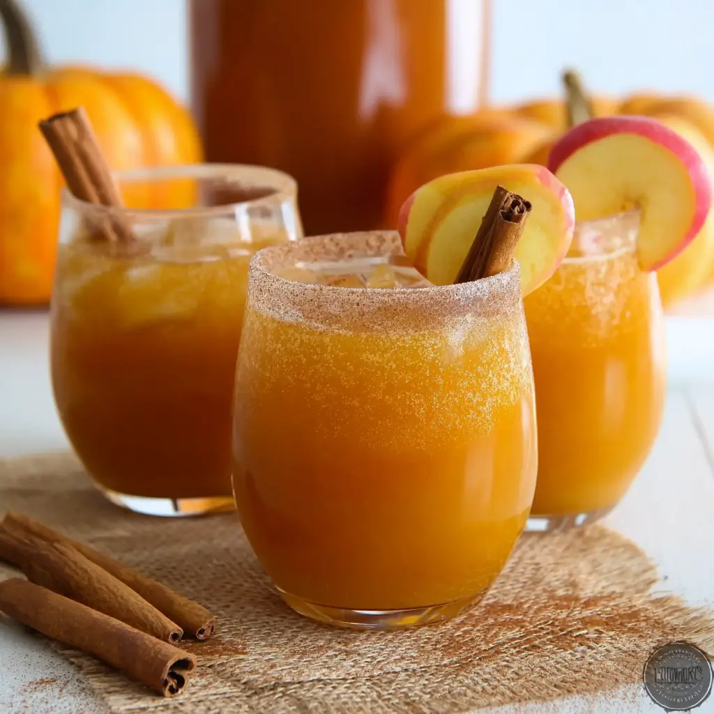 Frozen Pumpkin Juice: Sweet 5-Minute Healthy Fall Drink 7 Three glasses of frozen pumpkin juice rimmed with cinnamon sugar and garnished with apple slices and cinnamon sticks