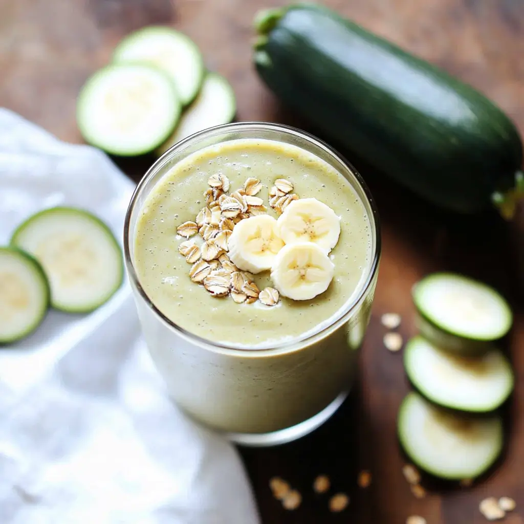 frozen zucchini smoothie in glass with banana and zucchini