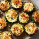 Garlic Parmesan Zucchini – Amazing Crispy Side in 8 Minutes 6 Crispy garlic parmesan zucchini rounds covered in golden, bubbling cheese, roasted on a sheet pan.