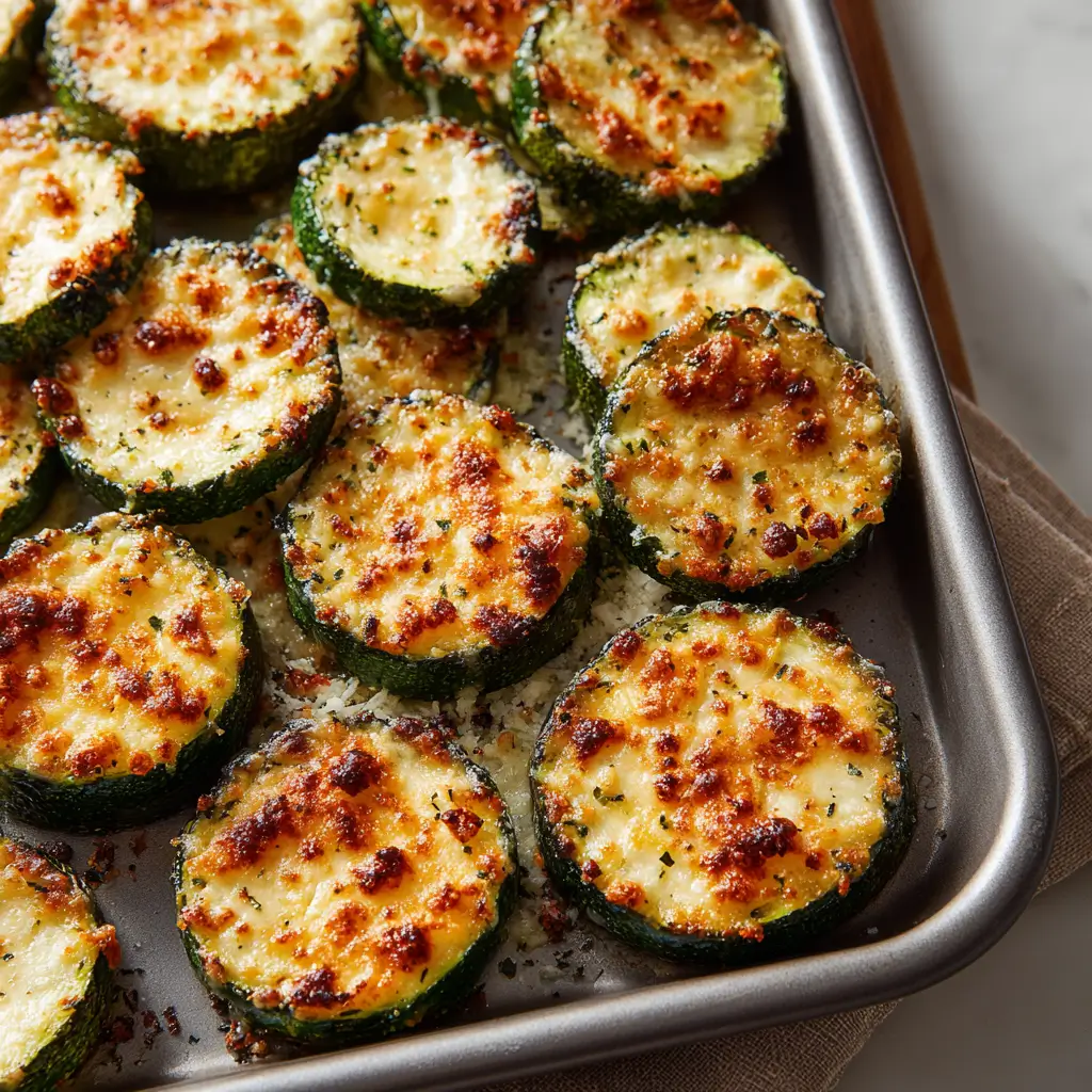 Garlic Parmesan Zucchini – Amazing Crispy Side in 8 Minutes 5 Garlic parmesan zucchini slices topped with melted golden cheese, roasted until crisp on a baking sheet.