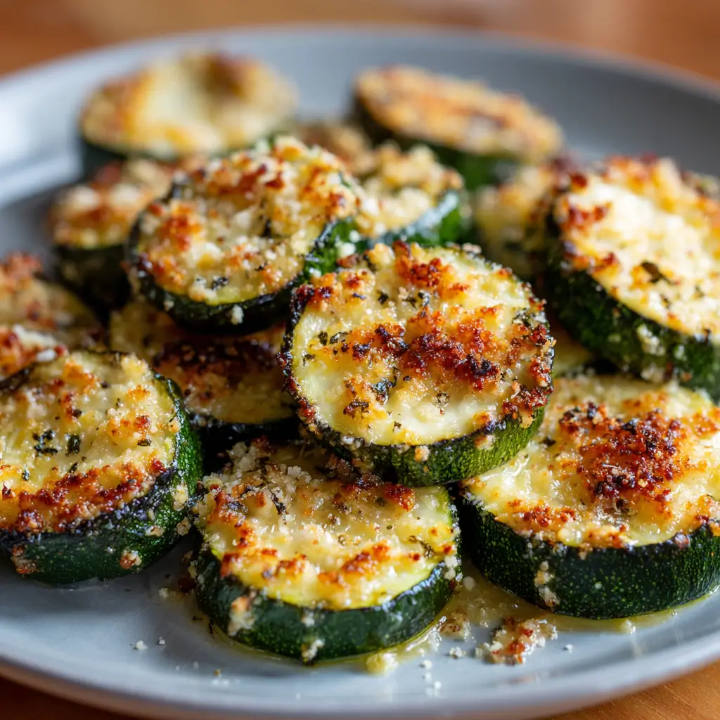 Garlic Parmesan Zucchini – Amazing Crispy Side in 8 Minutes 4 Golden garlic parmesan zucchini slices with melted cheese, roasted on a baking sheet.